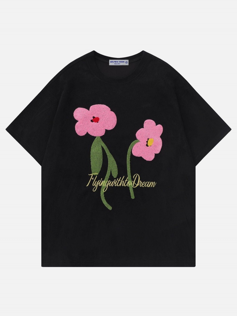 T Shirts Aelfric Eden Flocking Flower Daim Tee Kaki | EBN-02622688